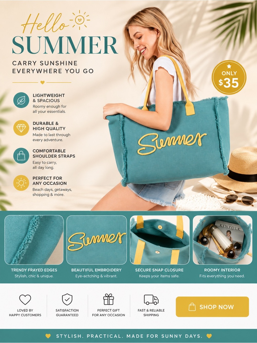 Teal and Yellow Summer Tote Bag